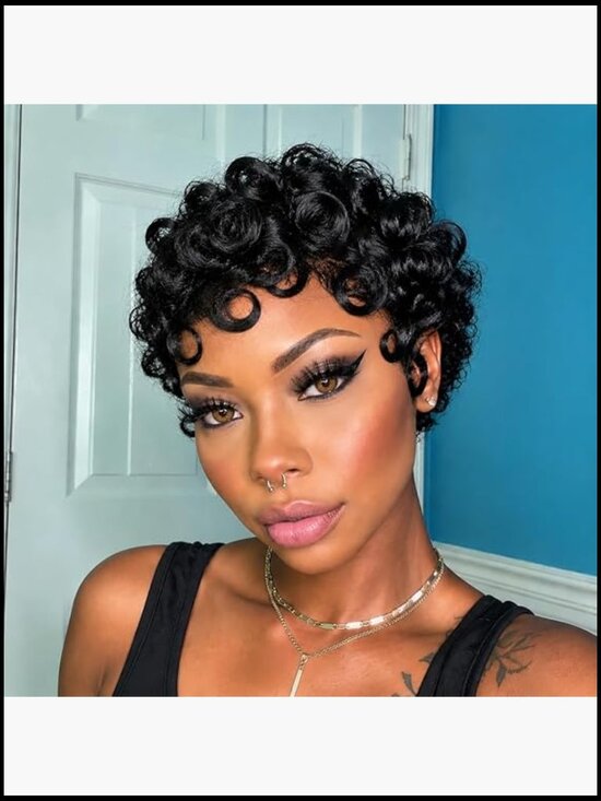 Short Curly Pixie Wig Human Hair Ready To Wear Glueless With Bangs 6 Inch main image 4